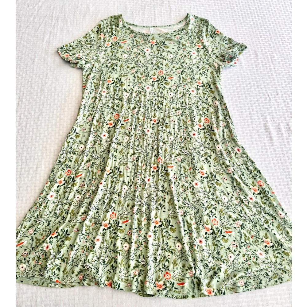 POPYOUNG XL Sage Green Floral Bird Print Short Sleeve Swing T-Shirt Dress